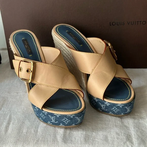 LOUIS VUITTON Denim LV Monogram Juan Les Pins Wedge Espadrille Buckle Sandals 41 - Picture 8 of 12